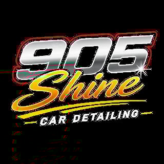 905 Shine Car Detailing logo with silver and chrome numbers, yellow script text, and red neon-style border on black background