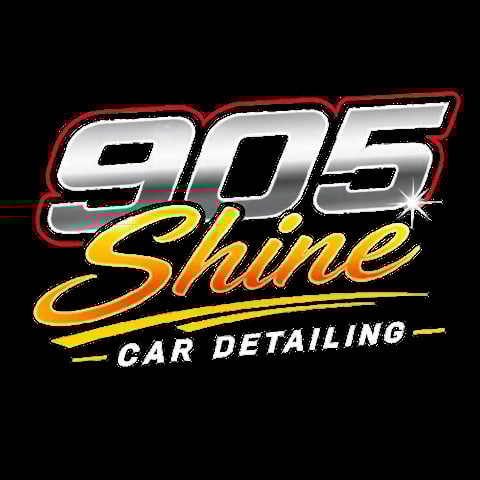 905 Shine Car Detailing logo with silver and chrome numbers, yellow script text, and red neon-style border on black background