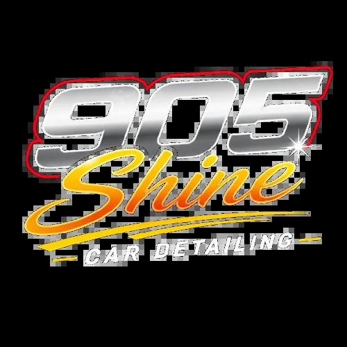 905 Shine Car Detailing logo with silver and chrome numbers, yellow script text, and red neon-style border on black background